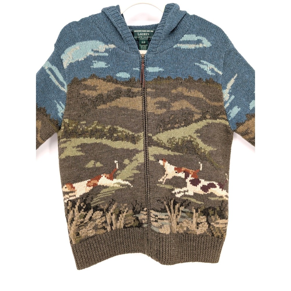 VTG‎ Ralph Lauren Hand Knit Wool Hunting Dog Zip Hooded Sweater SP Heritage Prep - Picture 10 of 15